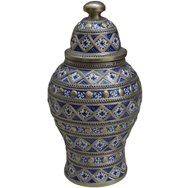 Moroccan Vintage Moorish Blue-Patterned Ceramic Vase For Sale - Image 3 of 8