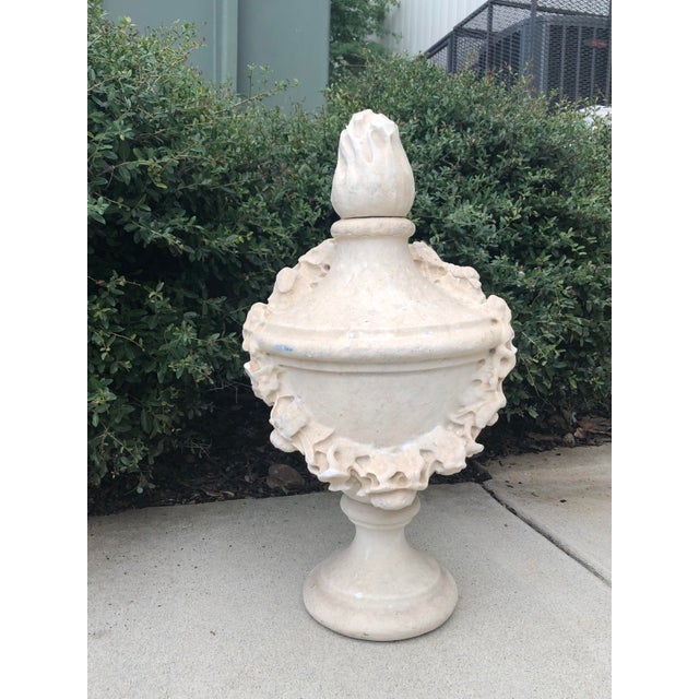 Antique Garden Heavy Limestone Urn With Garland. Weights about 100 Lbs. Must be ship white glove. Size: 12.5"D x 24'H...