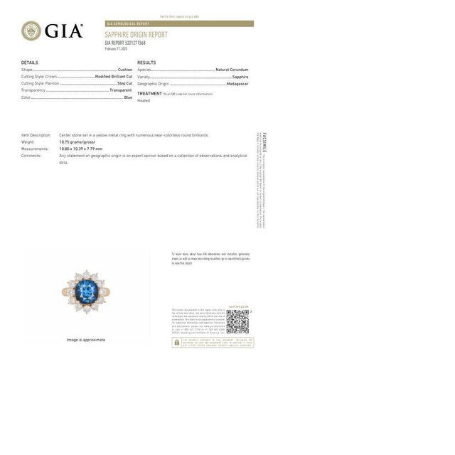 Metal 7.11 Carat Blue Sapphire Diamond 18k Yellow Gold Halo Ring, Gia Certified, Size 7.5 For Sale - Image 7 of 8