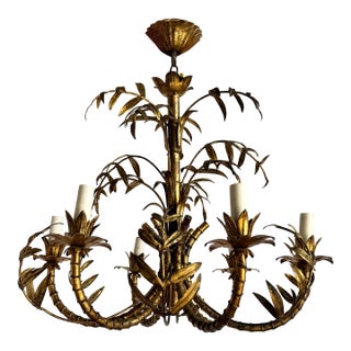 Vintage Hollywood Regency Gilt Faux Bamboo Metal Chandelier For Sale