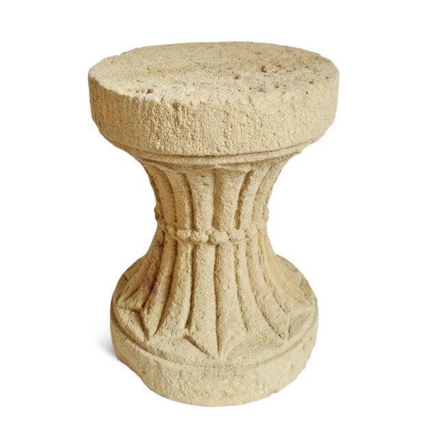 Vintage hand chiseled round hourglass shaped sandstone pedestal. Natural rough texture. Originally used as an outdoor...