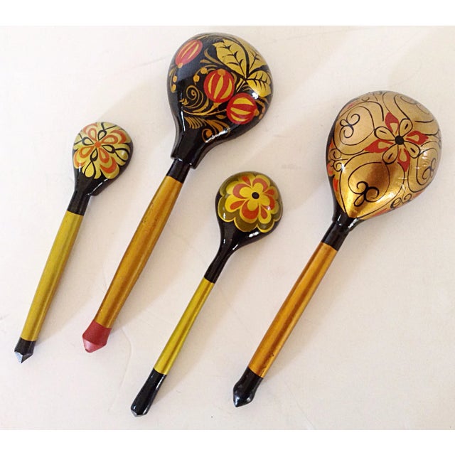 Rustic Russian Hand Painted Wooden Spoons - Set of 4 For Sale - Image 3 of 3
