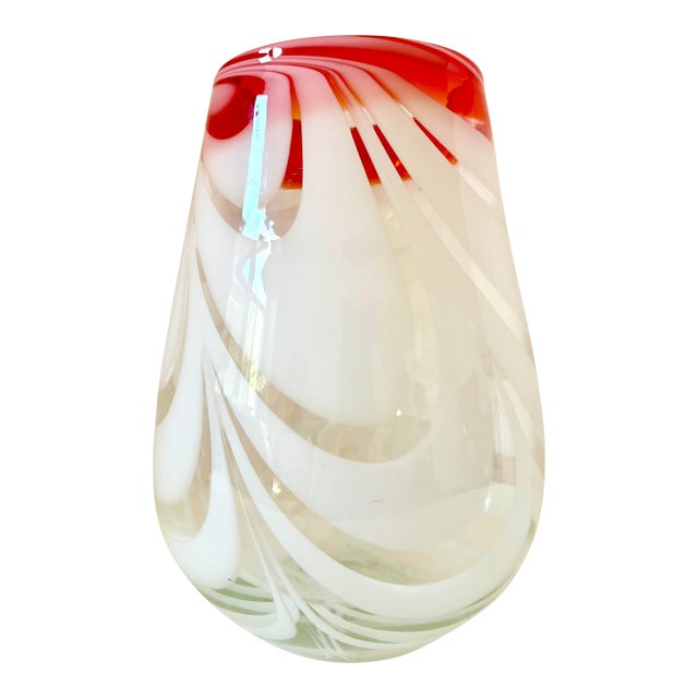 Vintage Hand-Blown Italian Art Glass Vase, Red & White Swirl For Sale