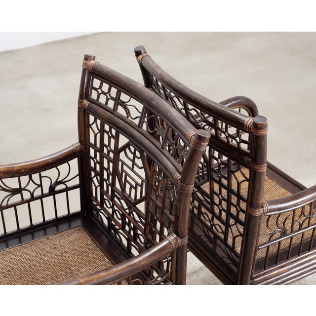 Pair of McGuire Chinese Chippendale Rattan Fretwork Armchairs For Sale - Image 10 of 18