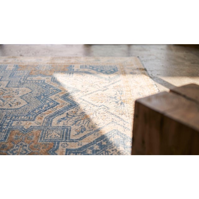 Blue 1920s Soft Blue Ivory Tan Antique Indian Agra Cotton Rug 4'3" X 6' Geometric Carpet For Sale - Image 8 of 9