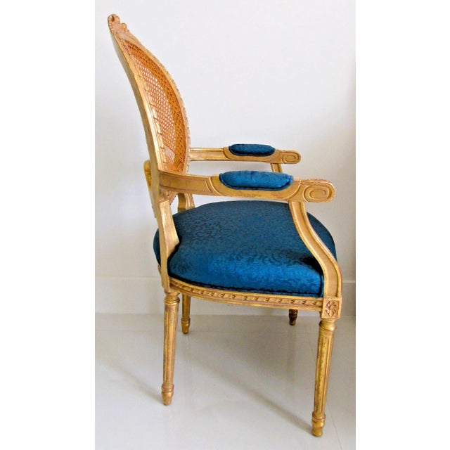 1940s French Louis XVI Style Fauteuil Chair Giltwood Frame Cane Oval Back Blue Fabric For Sale In Miami - Image 6 of 15