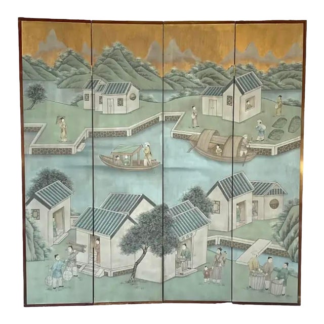Chinese Chinoiserie Four Panel Wallpaper Screen For Sale