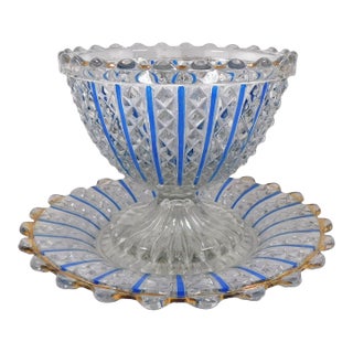 1960s Blue Striped Footed Glass Bowl With Matching Underplate For Sale