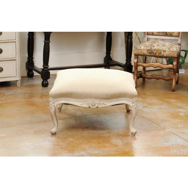 Cream Swedish 19th Century Rococo Style Painted Upholstered Stool with Carved Shells For Sale - Image 8 of 13