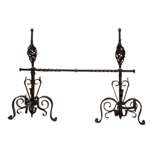 Pair of Early 19th Century French Wrought Iron Andirons With Matching Cross Bar - 3 Piece Set