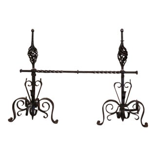 Pair of Mid-19th Century French Gothic Wrought Iron Andirons With Crossbar For Sale