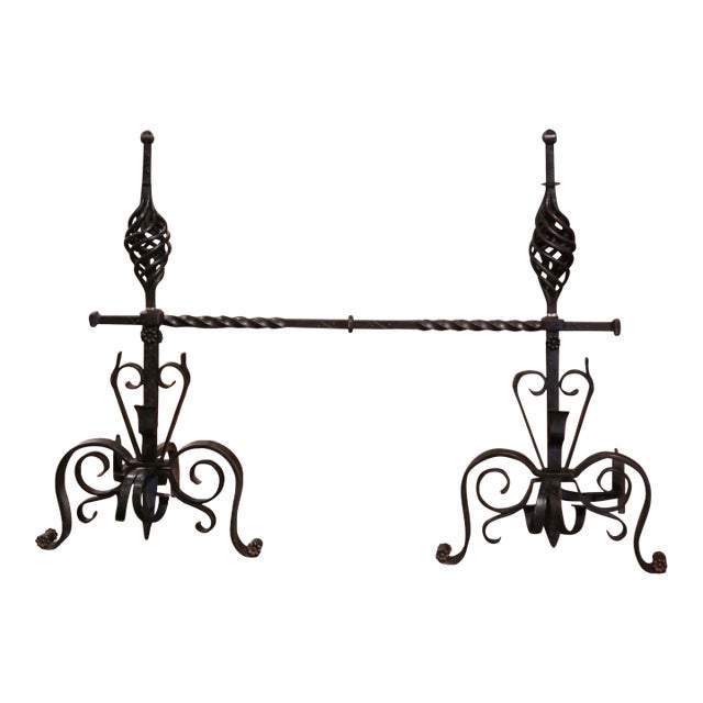 Pair of Mid-19th Century French Gothic Wrought Iron Andirons With Crossbar For Sale