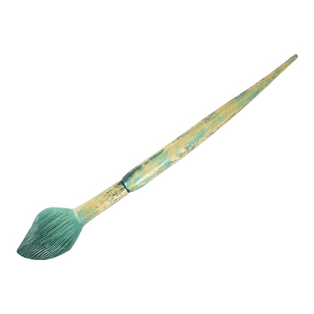 Vintage Handmade Carved Wood Green Paintbrush Sculpture For Sale