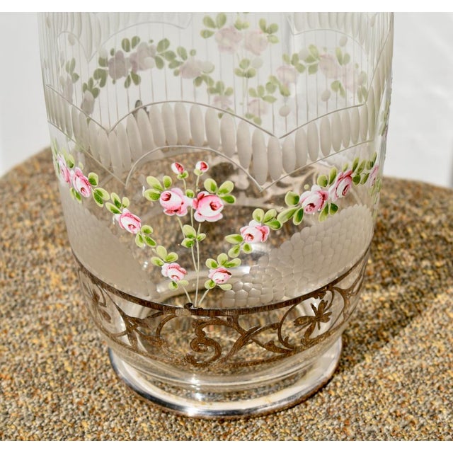 Antique Bohemian Etched Glass Vase W/Floral Enamel and Sterling Silver Overlay For Sale In Philadelphia - Image 6 of 13