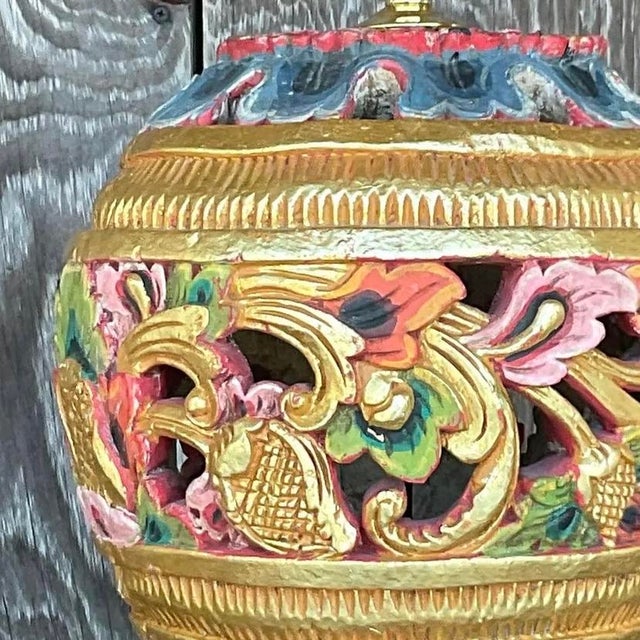 Vintage Boho Carved Wood Table Lamp For Sale - Image 10 of 13