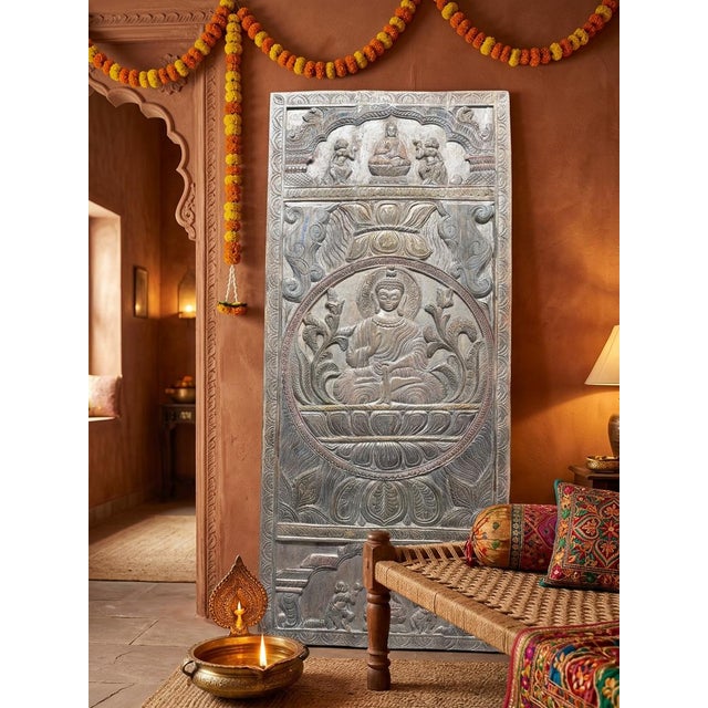 Gray Antique Moonlight Carved Buddha Door Panel Seated Buddha on Lotus Wood Wall Art Meditation 83x36 For Sale - Image 8 of 9