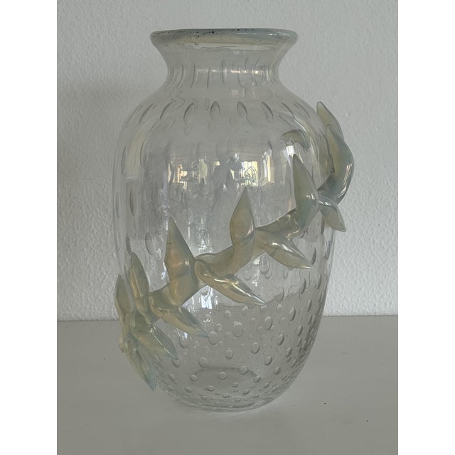 Exceptionally beautiful flower vase made of shimmering white transparent Murano glass, manufactured in Italy, probably in...
