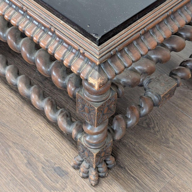 Wood Vintage Glass Top Carved Coffee Table For Sale - Image 7 of 7