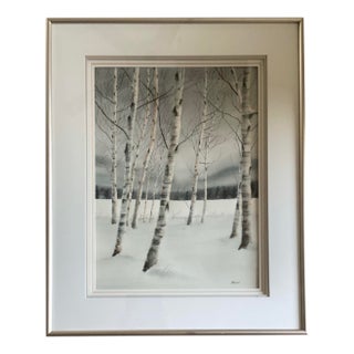 Vintage Original Watercolor Painting by American Artist Gregory Strachov, Titled, “Birches” For Sale