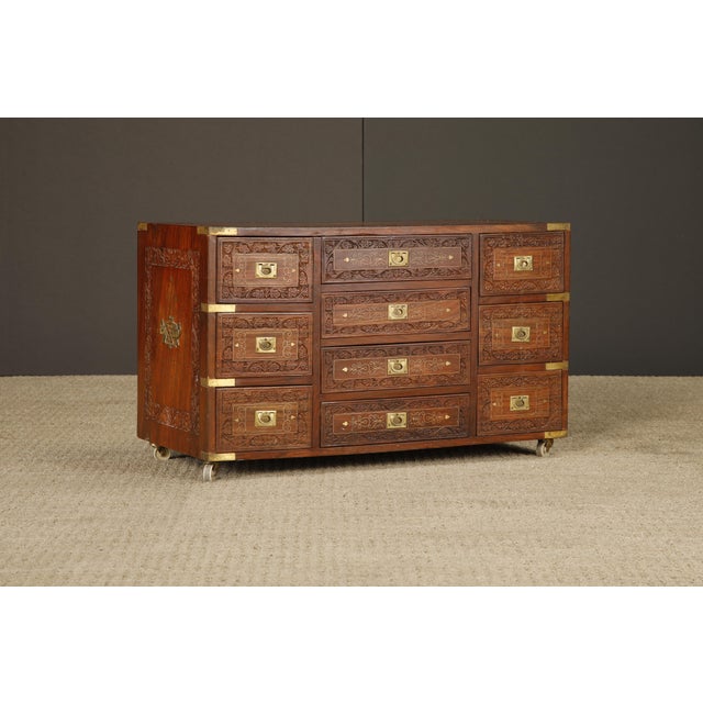Campaign Vintage Campaign Style Inlaid Walnut Dresser Chest, Brass Inlay Carved Wood 10 Drawer Cabinet For Sale - Image 3 of 18