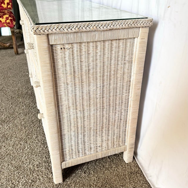 1980s 1980s Boho Chic White Washed Wicker Glass Top Dresser For Sale - Image 5 of 10