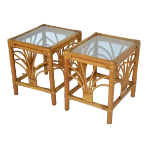 Vintage 1970 Bohemian Handmade Bamboo, Reed, Cane & Glass Top Side Table, Pair