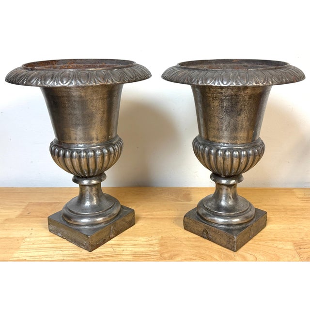 Bronze Pair of English Regency Silvered Cast Iron Egg-and-Dart Urns, Early 19th Century For Sale - Image 8 of 12