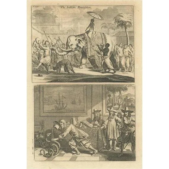 Paper Procession of an Elephant and Dancing Monks in Ceylon and Catching a Snake, 1730, Paper For Sale - Image 7 of 7