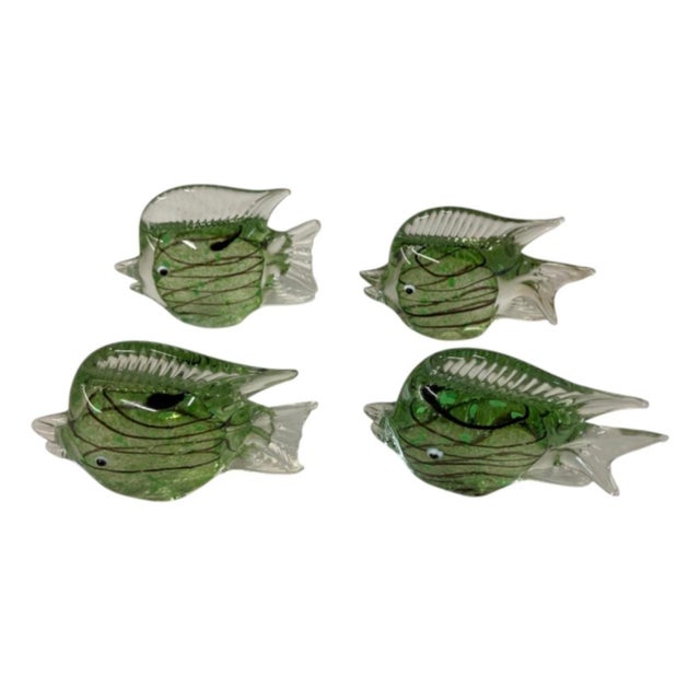 2000 - 2009 Vintage Italian Hand-Blown Green Art Glass Fish Sculptures - Set of 4 For Sale - Image 5 of 12
