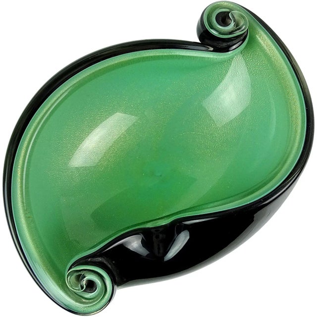 Glass Murano Barbini Black Over Green Gold Flecks Vintage Italian Art Glass Scroll Shell Bowl Ashtray For Sale - Image 7 of 7