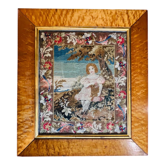 Antique Birds Eye Maple Frame Child With Dog Needlepoint For Sale