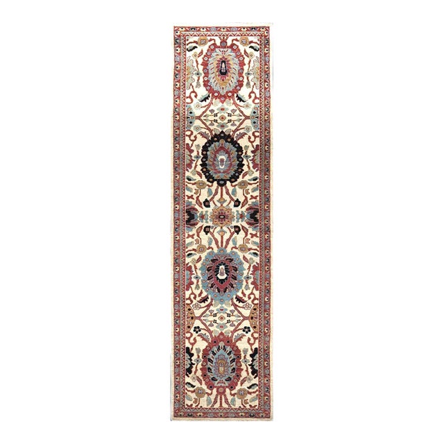 21st Century Afghan Wool Sultanabad 3x12 Ivory, Red, & Blue Handmade Runner Rug #1143661 For Sale