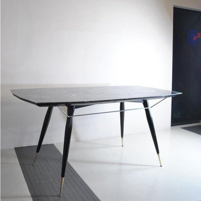 Black Dining Table with Hexagonal Wooden Feet & Brass Terminals, 1960s For Sale - Image 8 of 15