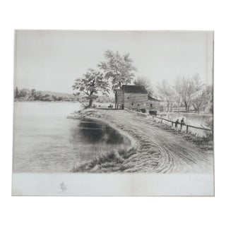 Antique William De La Montagne Cary Fishing Near the Old Mill Landscape Etching For Sale