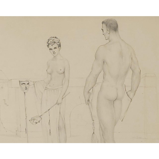Figurative Pencil Drawing of Man and Woman, Circa 1950s For Sale - Image 3 of 8