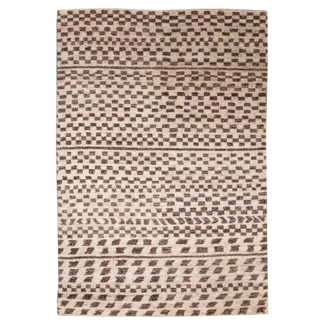 Modern Moroccan Style Checkered Wool Rug in Ivory & Brown by Doris Leslie Blau For Sale