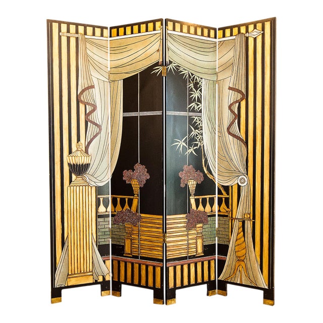 1960s Hollywood Regency Chinoiserie Black Lacquer & Gilt Four-Panel Room Divider For Sale