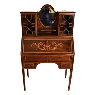 1900s Antique English Edwardian Mahogany & Satinwood Inlay Secretary Desk Writing Desk For Sale