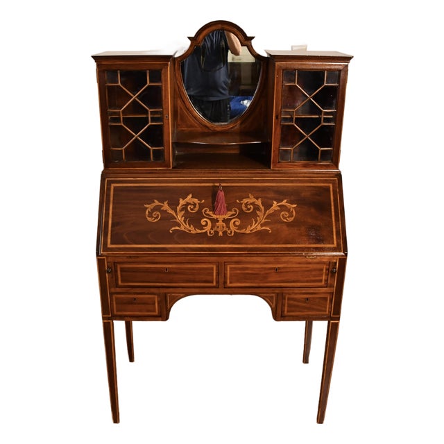 1900s Antique English Edwardian Mahogany & Satinwood Inlay Secretary Desk Writing Desk For Sale