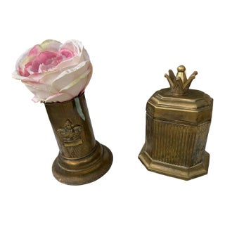 Vintage Solid Brass Crown Lidded Bud Vase Convertible Floral Vessel Regal Crown Home Décor For Sale
