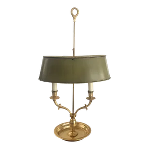 Early 20th Century French Bouillette Two Arm Gold Lamp With Olive Green Toleware Oval Shade