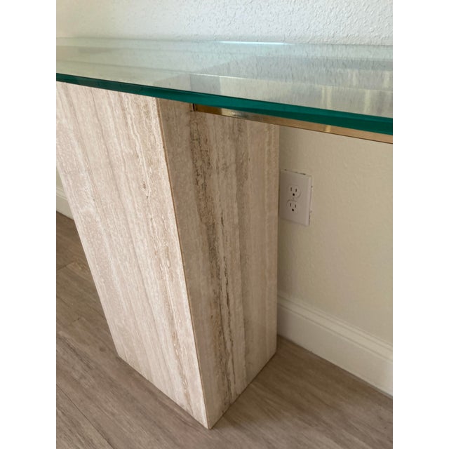 1970's Italian Travertine Pedestal Base and Glass Top Console For Sale - Image 4 of 10