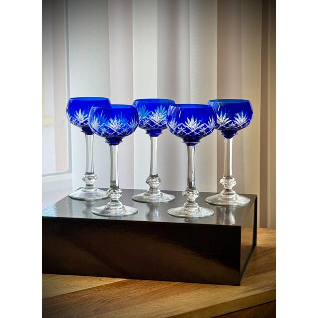 Cobalt Blue Massenet Crystal Hock Glasses by Saint-Louis, 1920, Set of 5 For Sale - Image 12 of 15