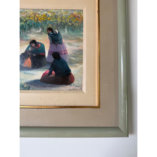 Yellow Vintage Impressionist Figural Landscape Oil on Masonite Board - Framed For Sale - Image 8 of 11