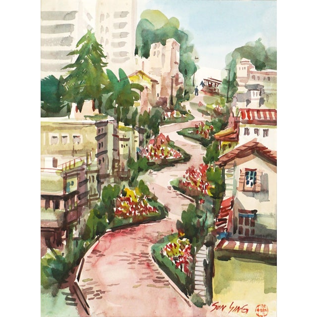 Vintage San Francisco Watercolor Landscape -- Lombard Street in Springtime Wonderful vintage watercolor of San Francisco's...