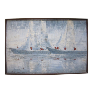 Mid Century Abstract Painting Sailboats, Signed Bordiuk