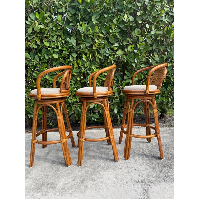 Late 20th Century Vintage Organic Modern Swivel Rattan Cane Bar Stools, Set of 3 For Sale - Image 5 of 12