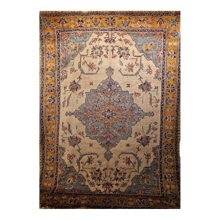 Vintage Turkish Oushak Rug, Handwoven Geometric Pattern, Ivory & Blue, 8' x 11' For Sale