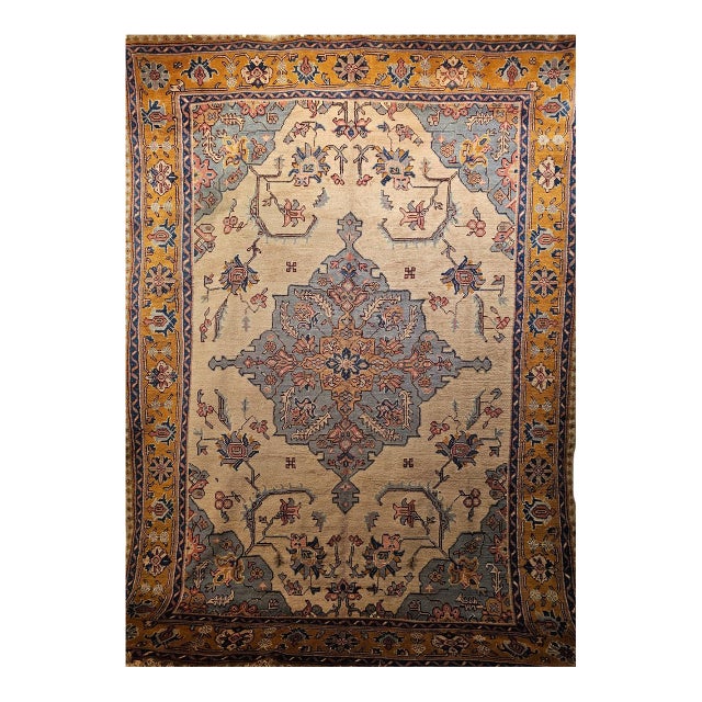 Vintage Turkish Oushak Rug, Handwoven Geometric Pattern, Ivory & Blue, 8' x 11' For Sale