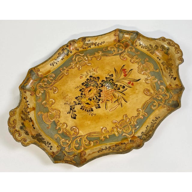 Vintage Hand-Painted Japanese Floral Paper Mache Tray For Sale - Image 4 of 9